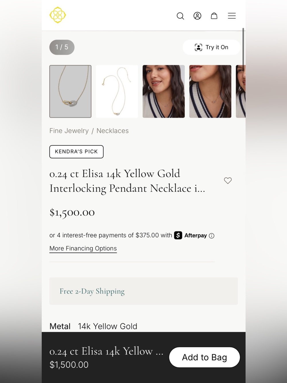 Kendra Scott Elisa 14k Yellow Gold Interlocking Pendant Necklace White Diamond - Picture 4 of 12